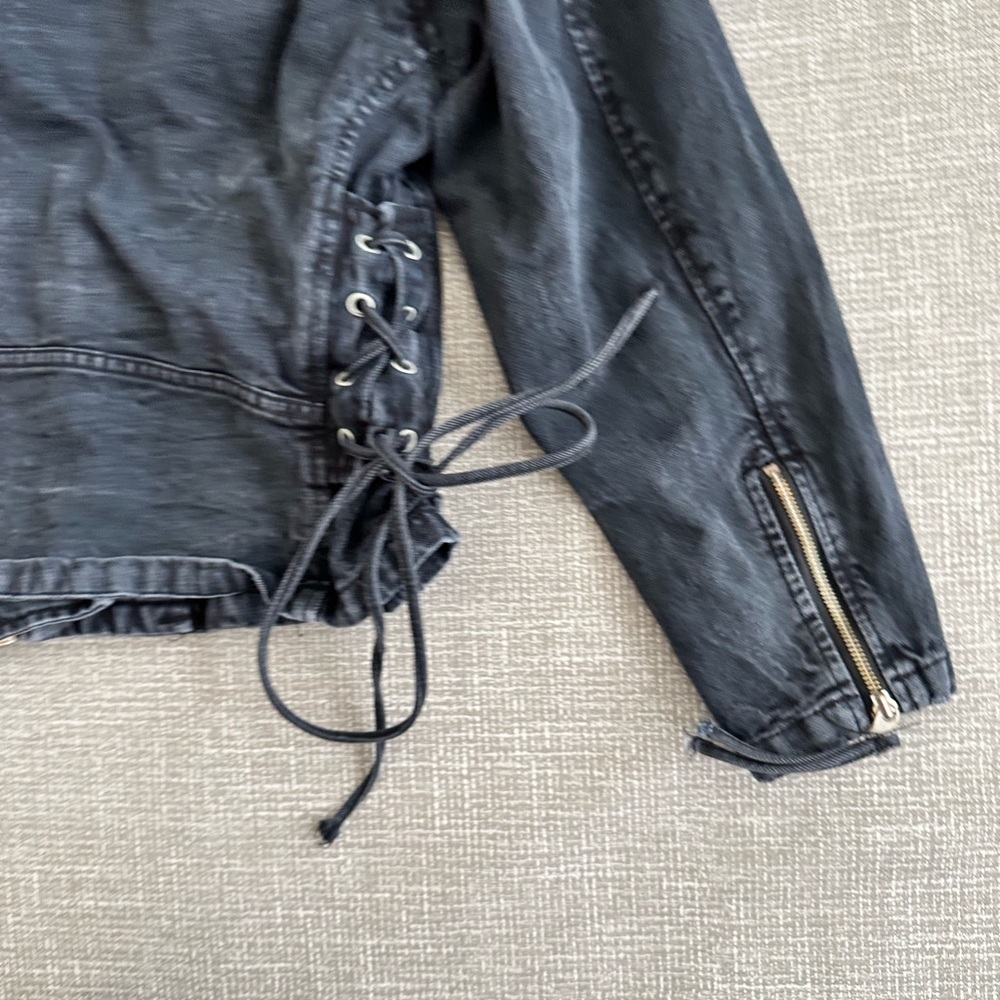 Free People Oversized Moto Jacket Black Denim Belted Lace Up Small Boho Biker - Picture 13 of 15